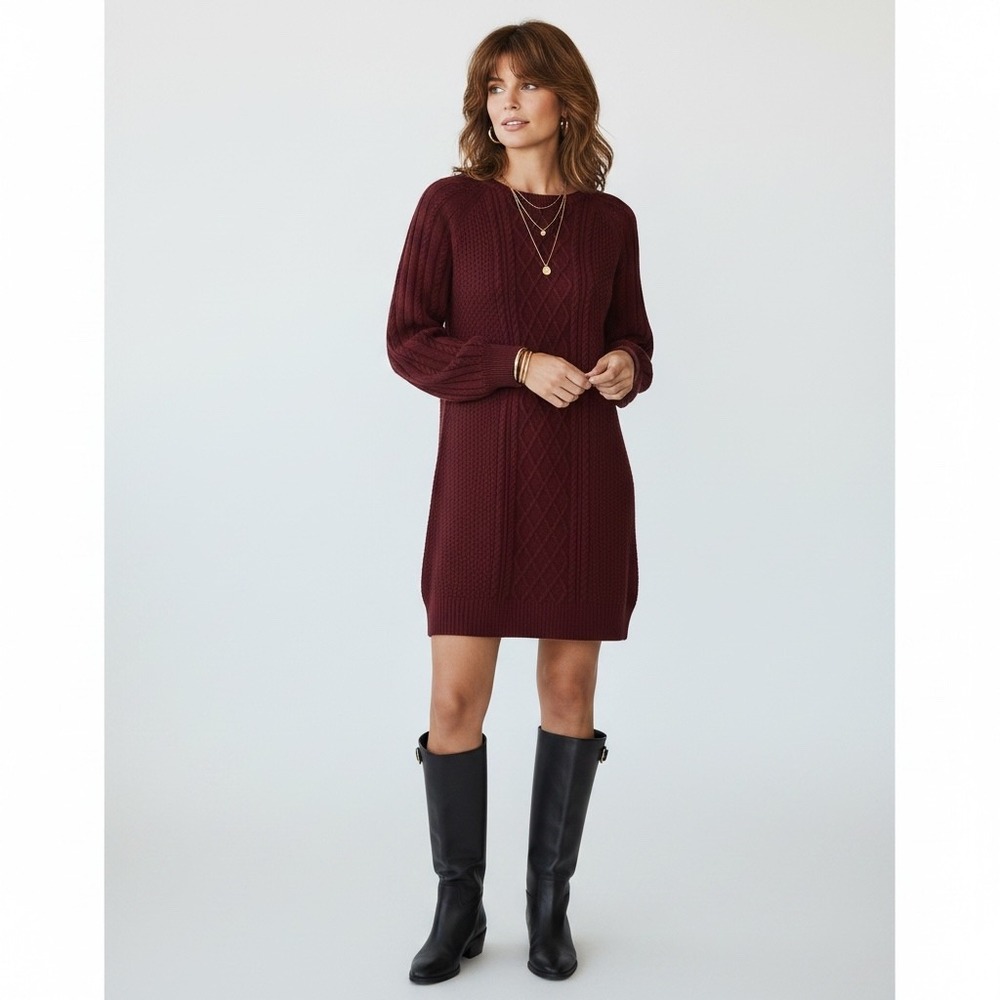 Another Love Margo Women's Small Wine Cable Knit Scoop Neck Sweater Dress NWT